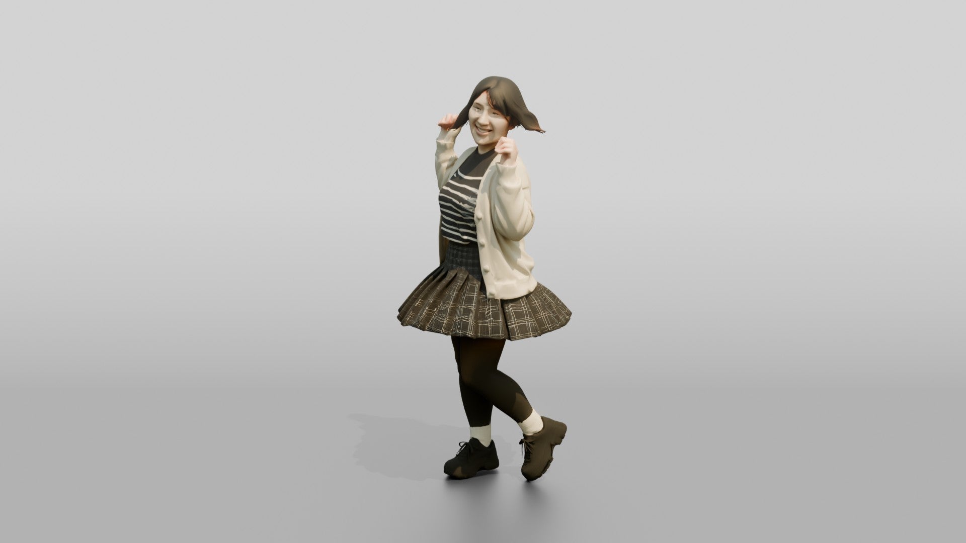 Asian Woman Spinning in Pleated Skirt