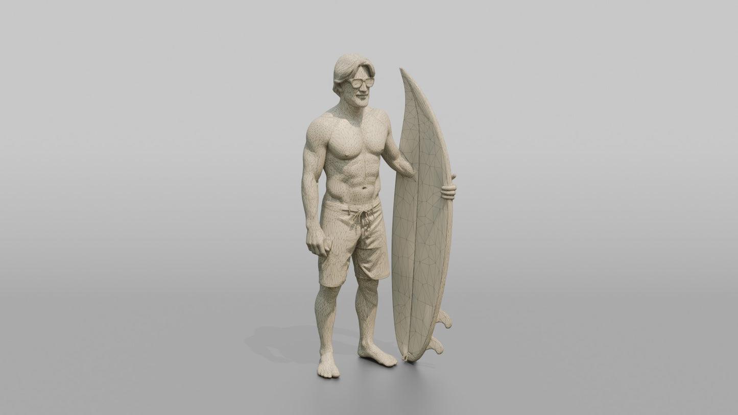 Rugged Surfer Posing with His Surfboard