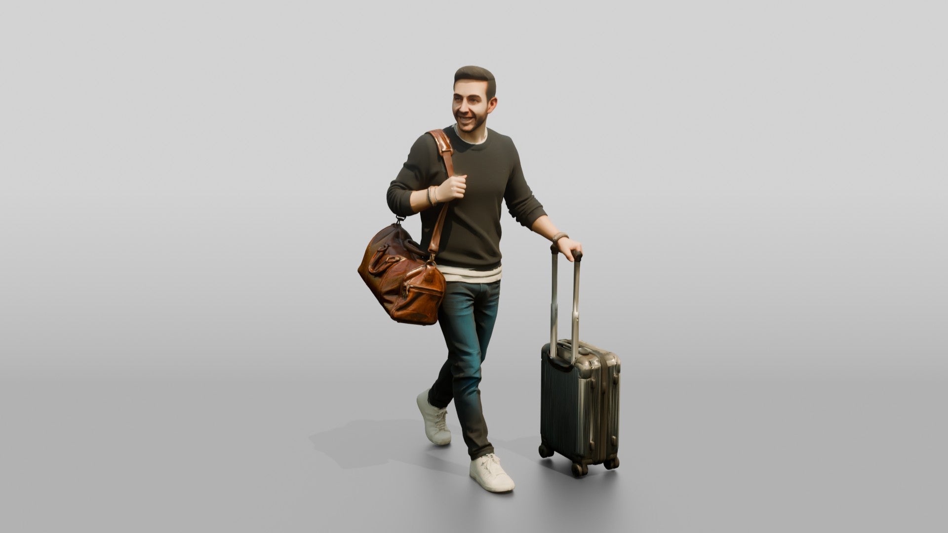 Young Man Walking with Rolling Suitcase and Leather Duffel Bag