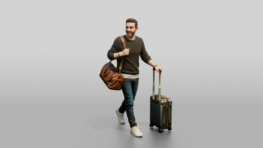 Young Man Walking with Rolling Suitcase and Leather Duffel Bag - 3D character model, view 1