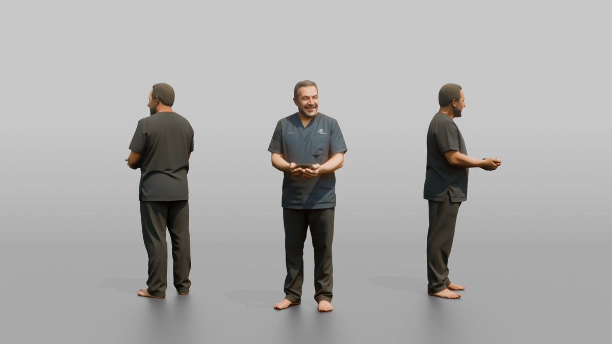 Massage Therapist Man Holding Warm Stones In Cupped Hands - 3D character model, view 1