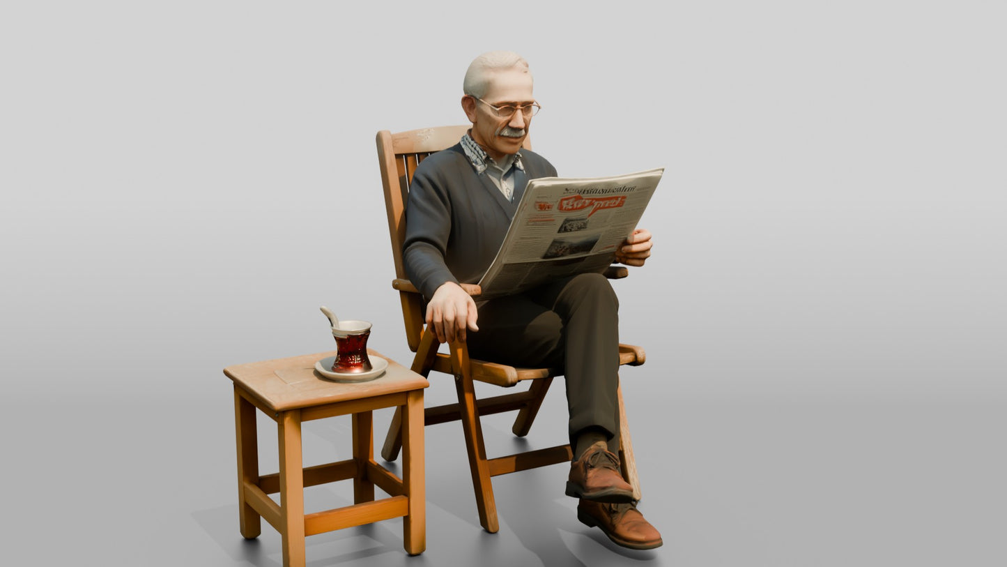 Elderly Man Reading Newspaper with Tea