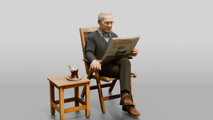 Elderly Man Reading Newspaper with Tea - 3D character model, view 1