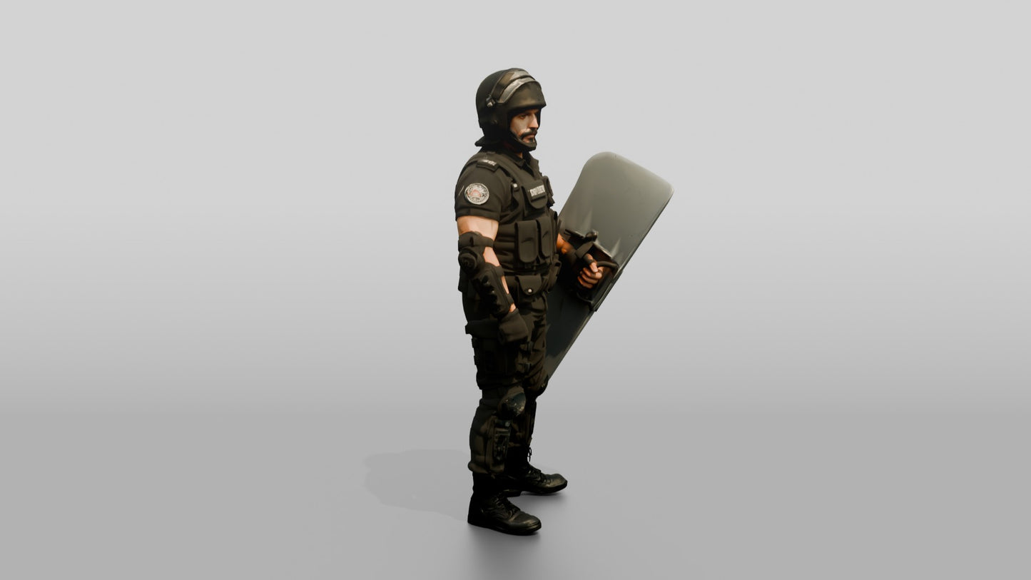 Riot Police Officer Standing with Shield