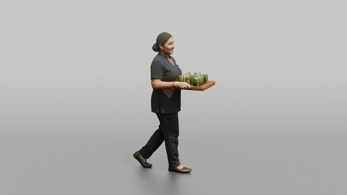 Spa Attendant Man Carrying A Tray With Cucumber Water Glasses - 3D character model, view 2