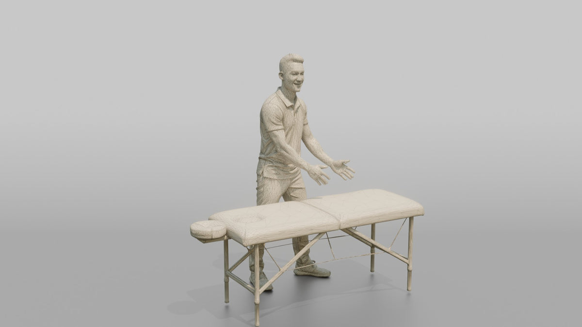 Massage Therapist Man Gesturing With Both Hands Over A Massage Table - wireframe topology preview