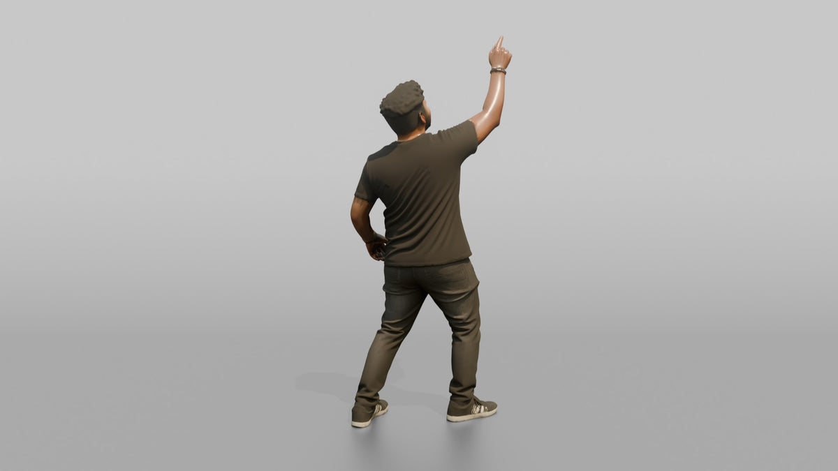 Club DJ Man Pointing Up With One Hand, Energetic Pose - 3D character model, view 3