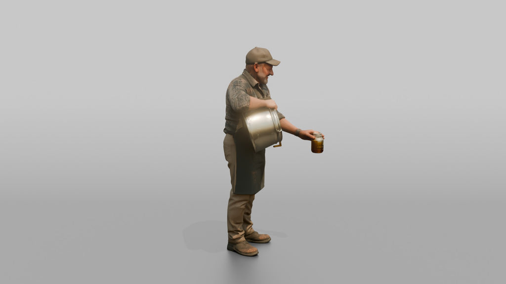 Farmer Pouring Clear Raw Honey Into Glass Jars