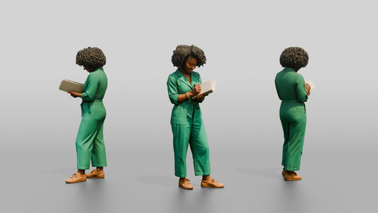 Woman Reading a Document in a Jumpsuit