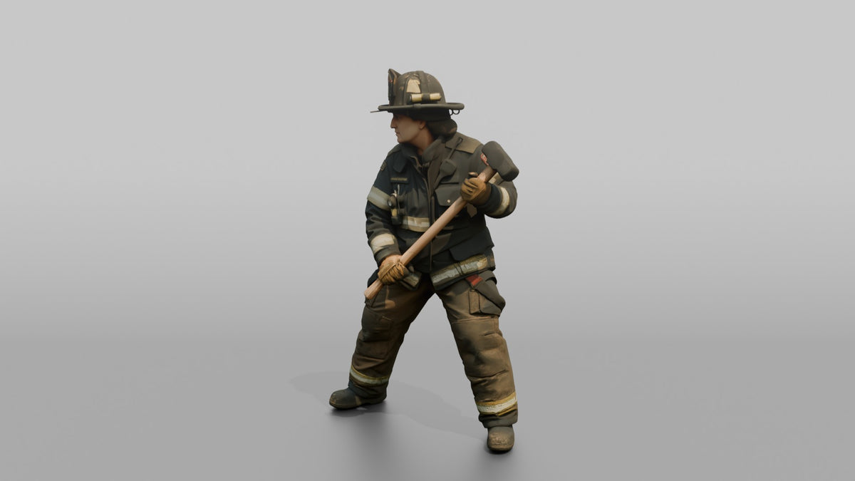 Firefighter Woman Standing in Dynamic Stance with a Sledgehammer - 3D character model, view 4