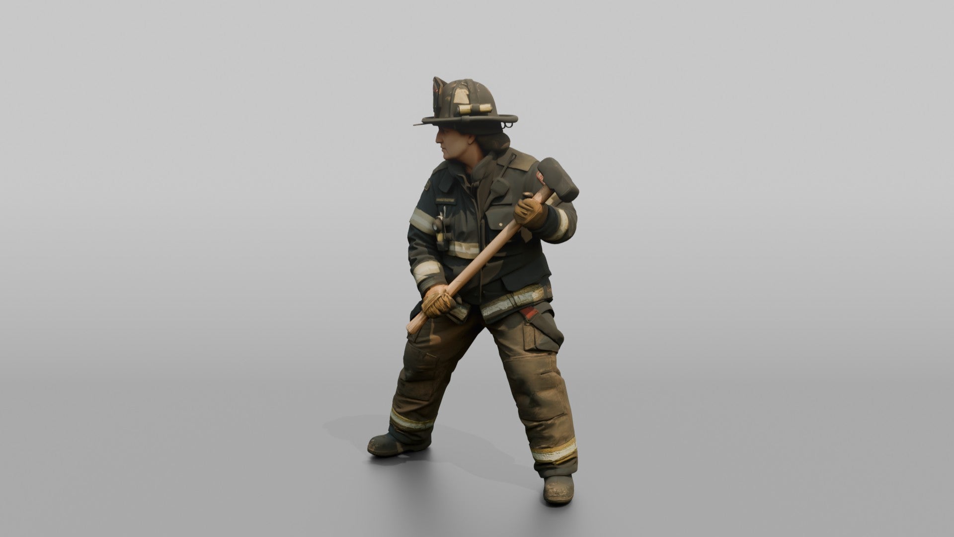 Firefighter Woman Standing in Dynamic Stance with a Sledgehammer