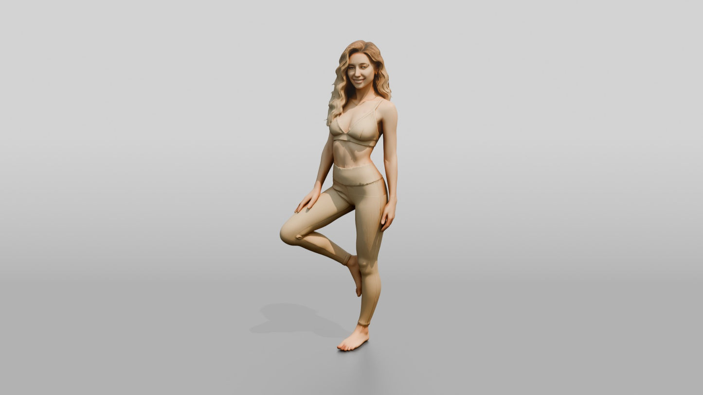 Blonde Woman in Beige Activewear in Tree Pose