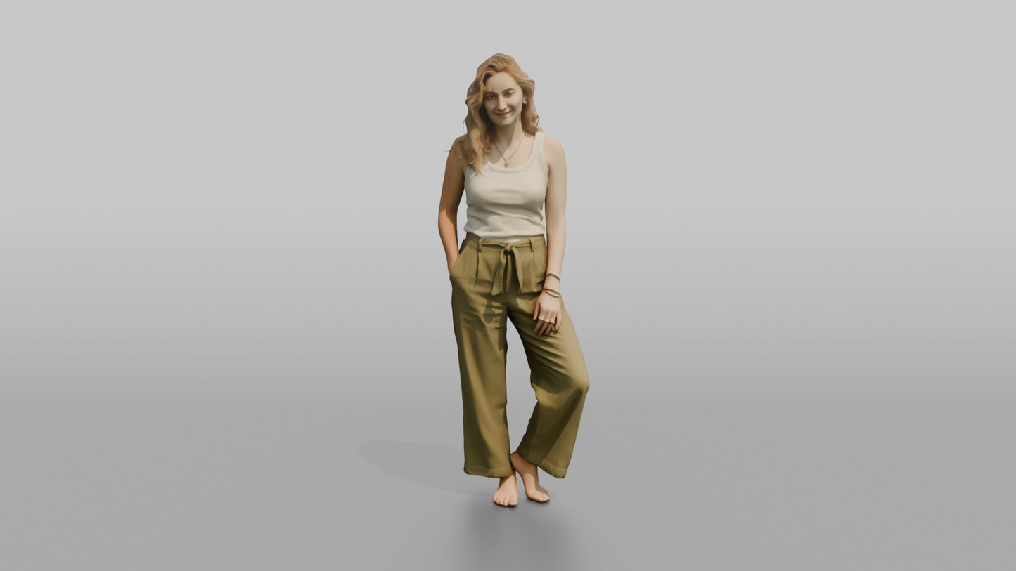 Woman Standing in Olive Green Linen Pants