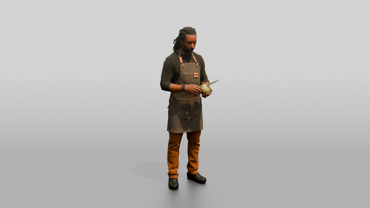Prep Cook Trimming Artichoke Hearts - 3D character model, view 1