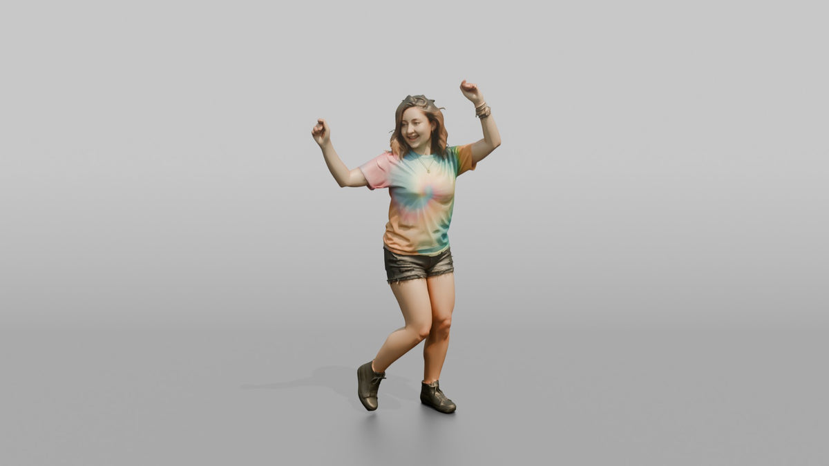Patron Woman Wearing A Vibrant Tie-dye Shirt, Arms Raised Dancing - 3D character model