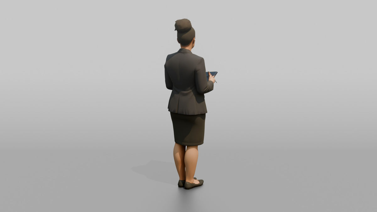 Receptionist Woman Holding A Guest Folder And Pen - 3D character model, view 3