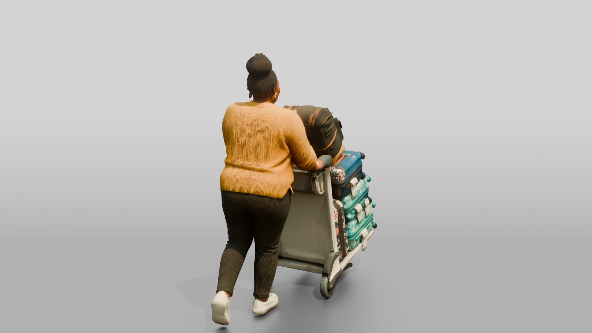 Plus-Size Woman Pushing Luggage Cart with Colorful Suitcases