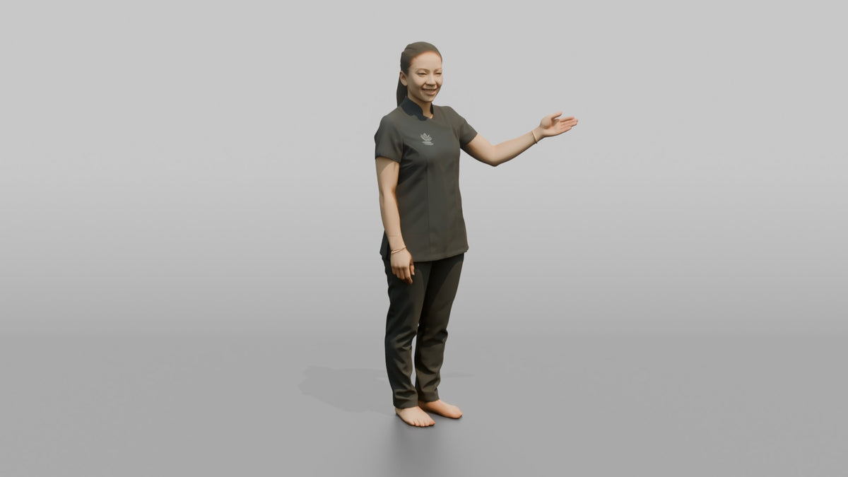 Massage Therapist Woman Gesturing Toward A Treatment Room Door - 3D character model, view 5