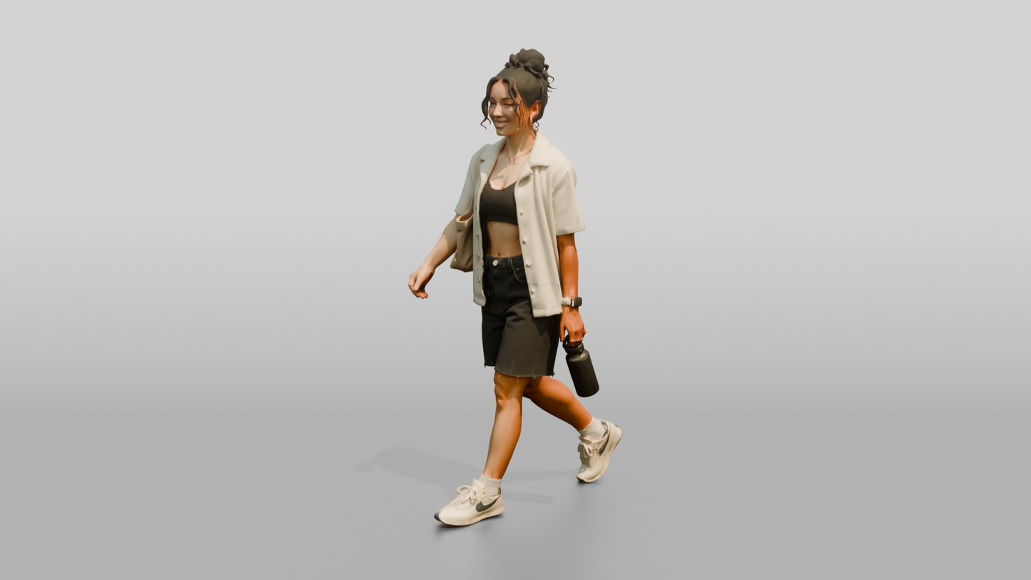 Multiracial Woman Walking the Boardwalk in Terry Cloth Shirt