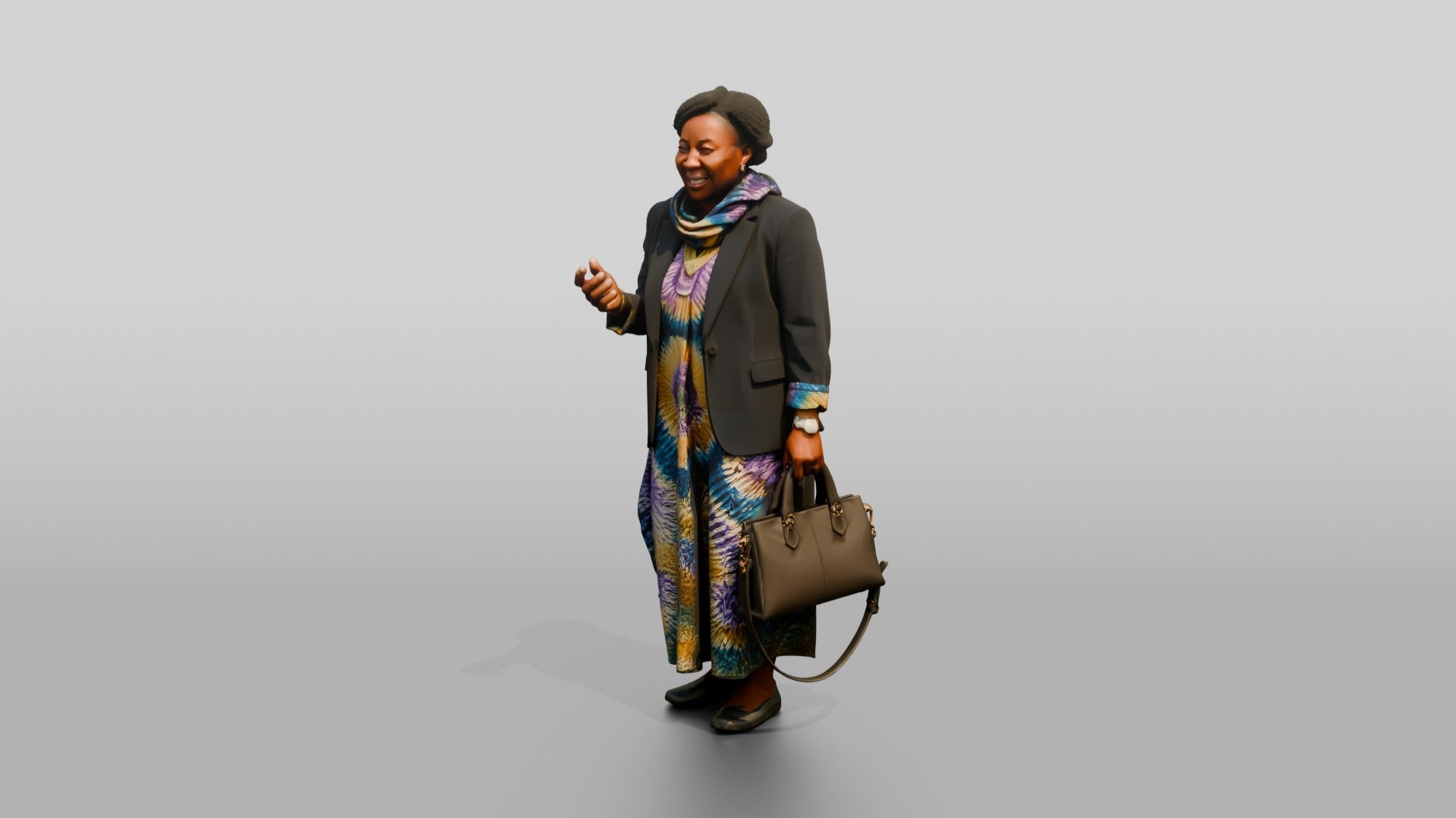 Woman in a Blazer Over a Tie-Dye Dress