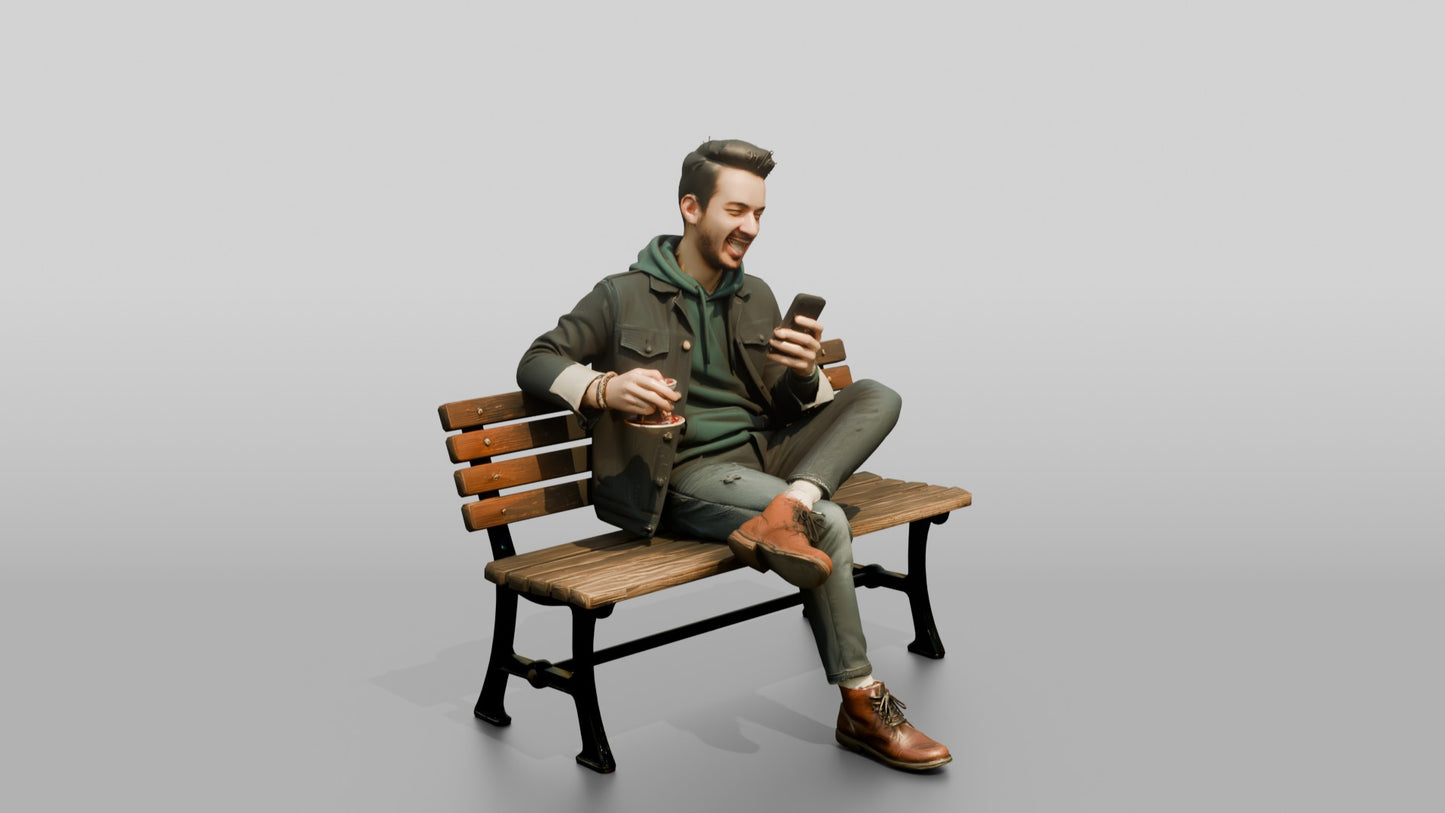 Man Laughing While Texting with Tea