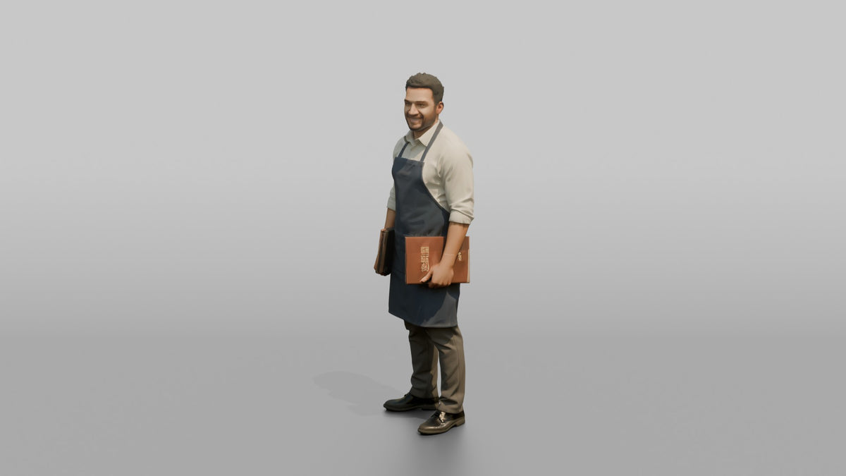 Host Man Holding Two Menus, One In Each Hand - 3D character model, view 4
