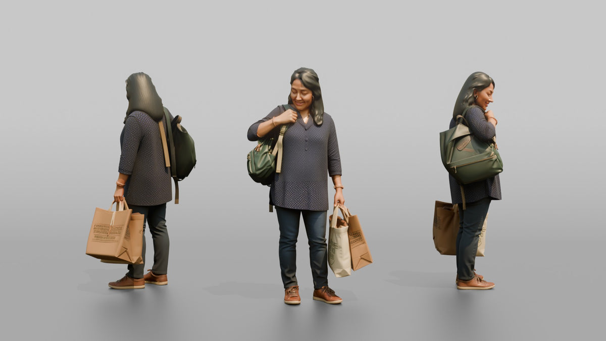 Woman Customer Adjusting Her Backpack Strap While Carrying Two Shopping Bags - 3D character model, view 1