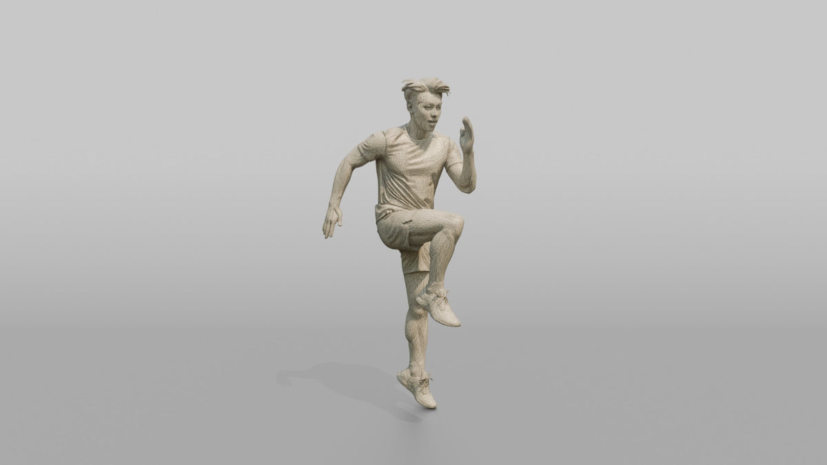 Cardio Athlete Man Doing High Knees In Place - wireframe topology preview