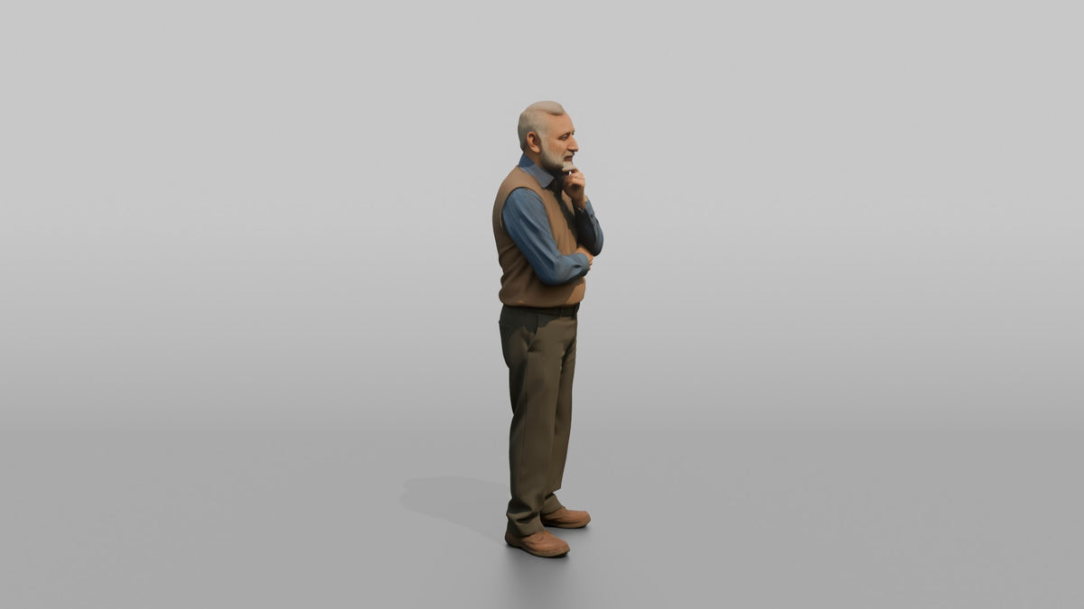 Man Customer Looking Off To The Side Thoughtfully - 3D character model, view 2