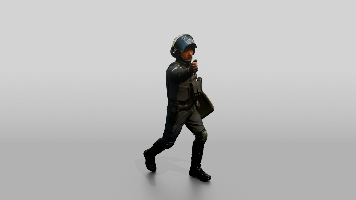 Riot Police Officers Running with Shield