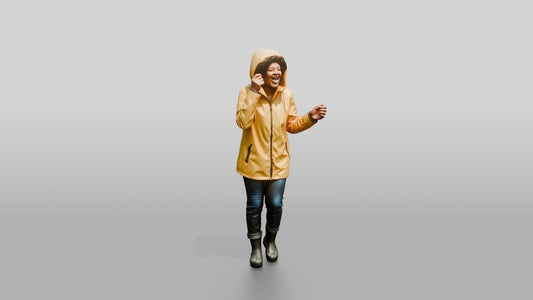 Black Woman Laughing in Yellow Raincoat - 3D character model, view 1