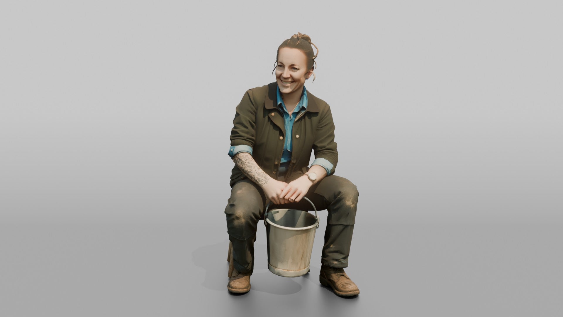 Farmer Sitting On Stool In Milking Position