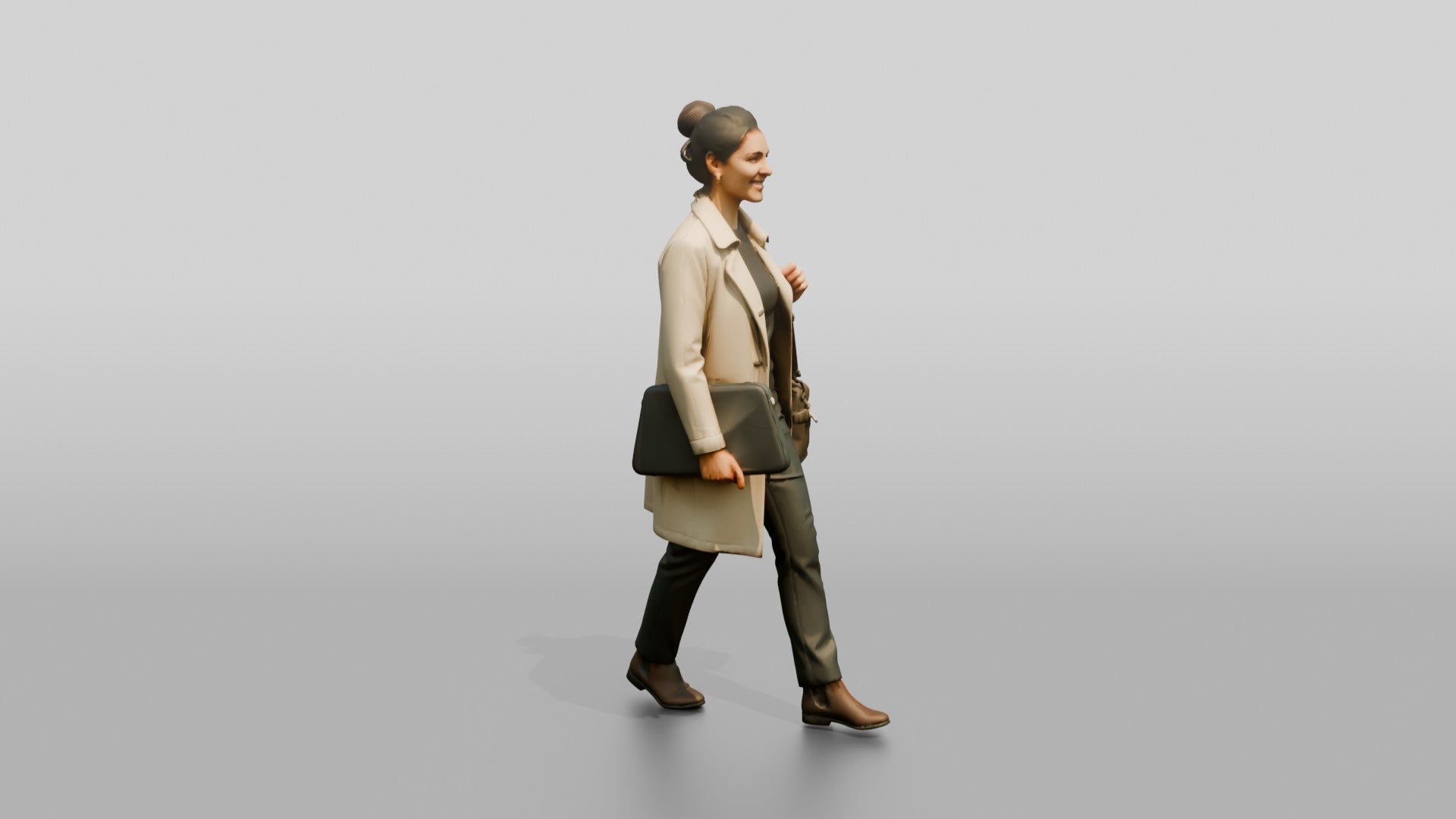 Woman in Beige Trench Coat Walking with Handbag and Briefcase
