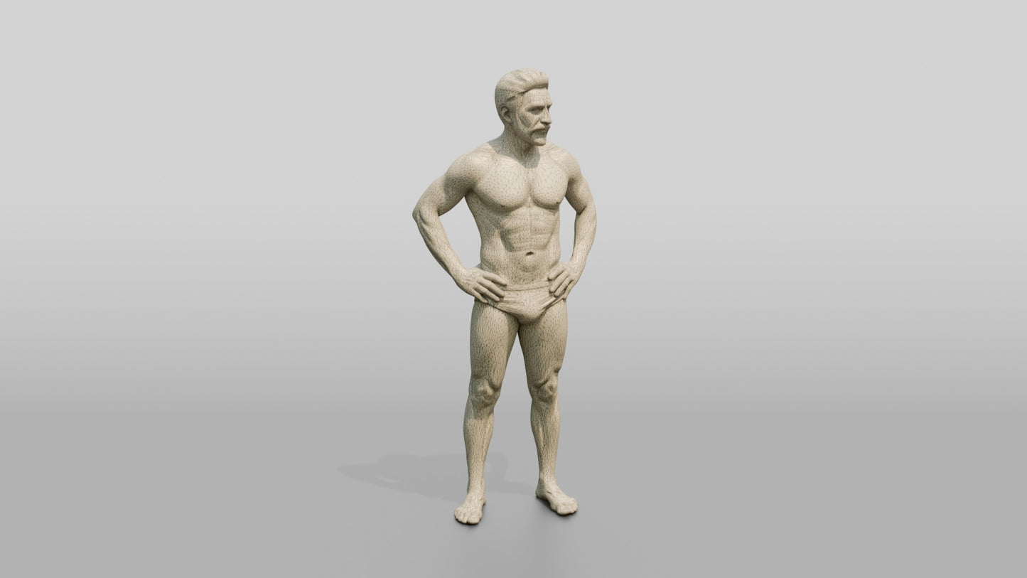 Mestizo Man Standing in Bold Patterned Swim Brief