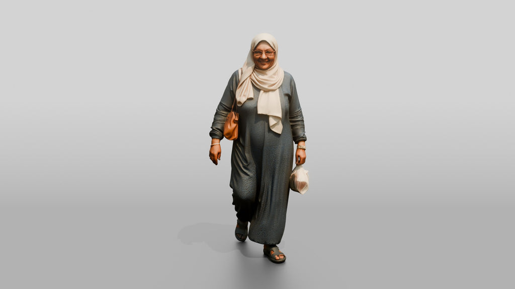 Elderly Egyptian Woman in Hijab Walking with a Handbag