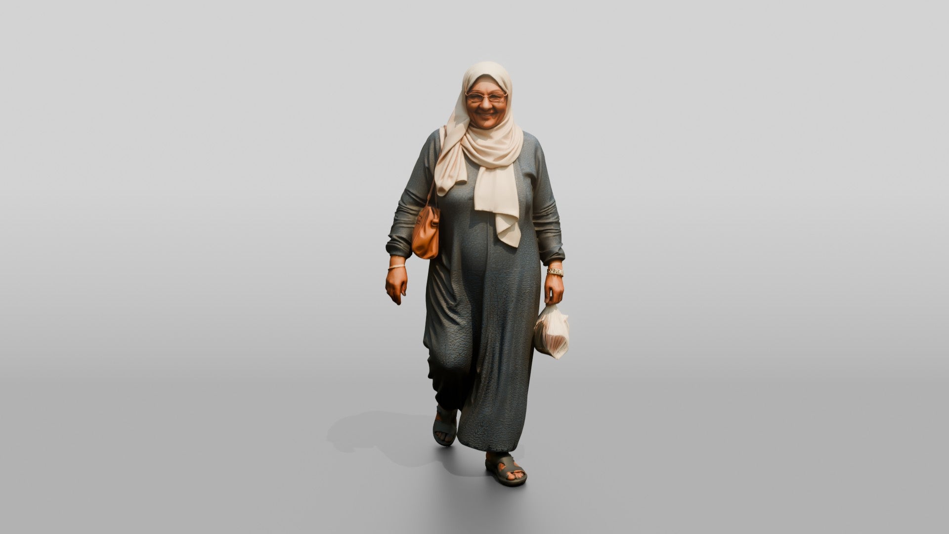 Elderly Egyptian Woman in Hijab Walking with a Handbag