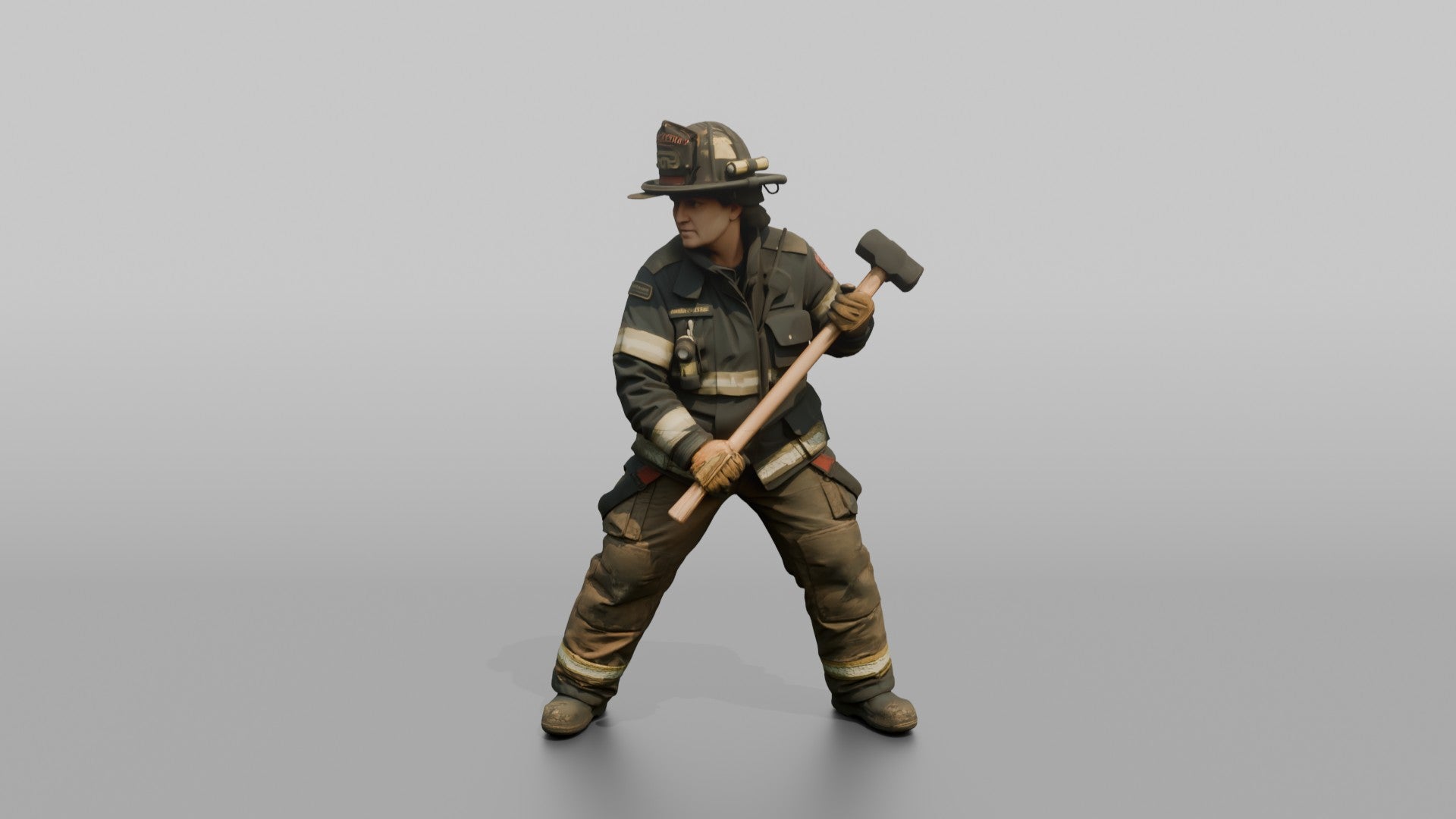 Firefighter Woman Standing in Dynamic Stance with a Sledgehammer