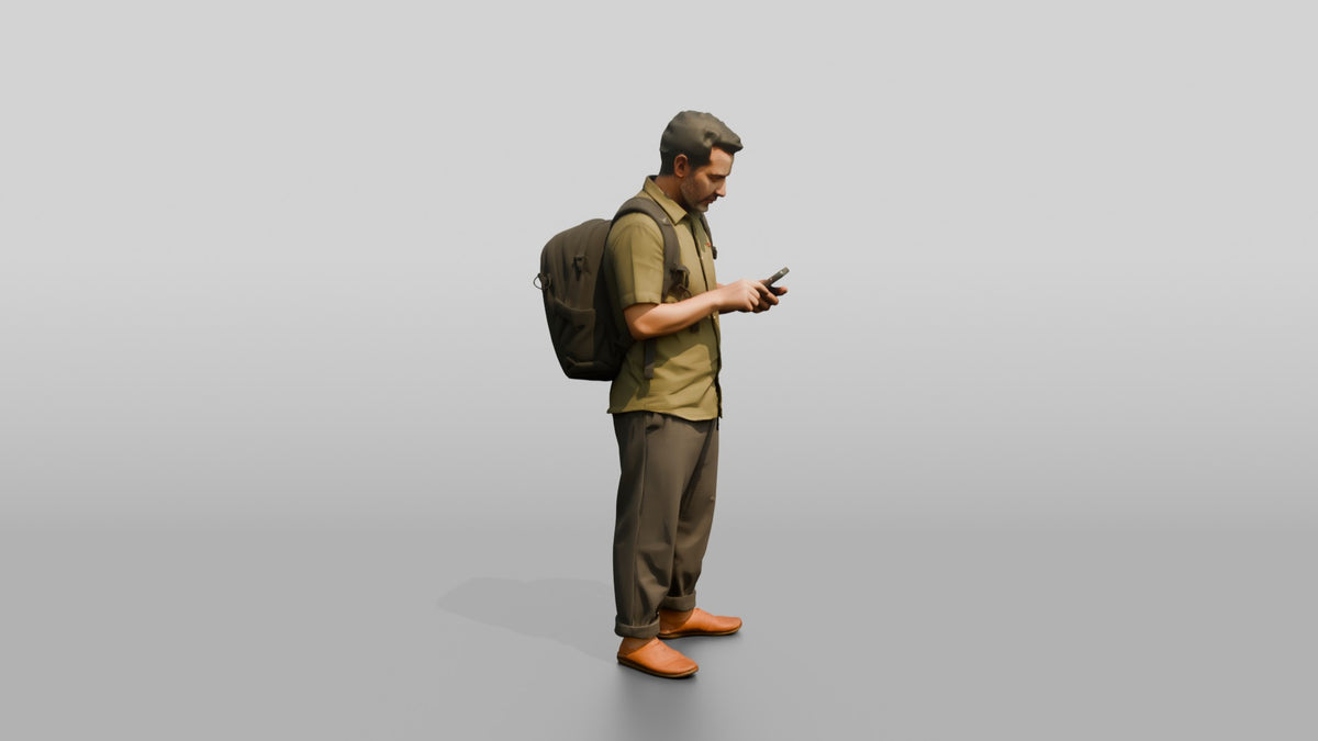 African Man with a Backpack Checking His Phone - 3D character model, view 2