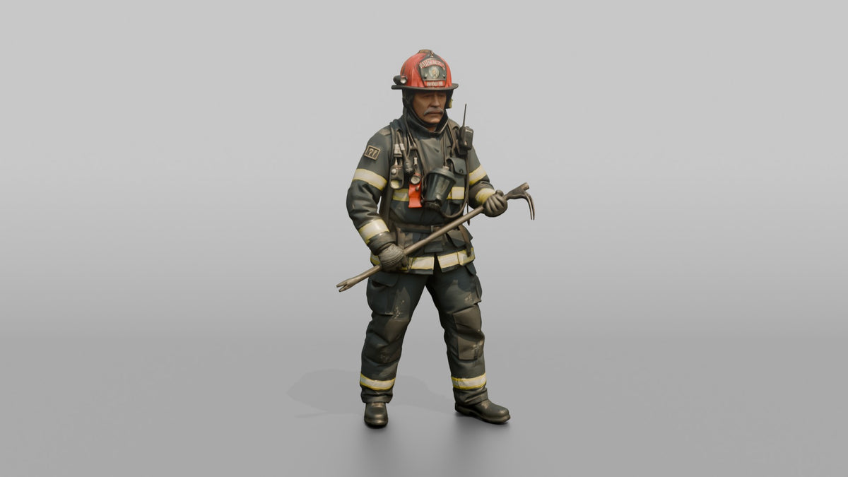 Firefighter Man Wielding a Halligan Entry Tool - 3D character model, view 1