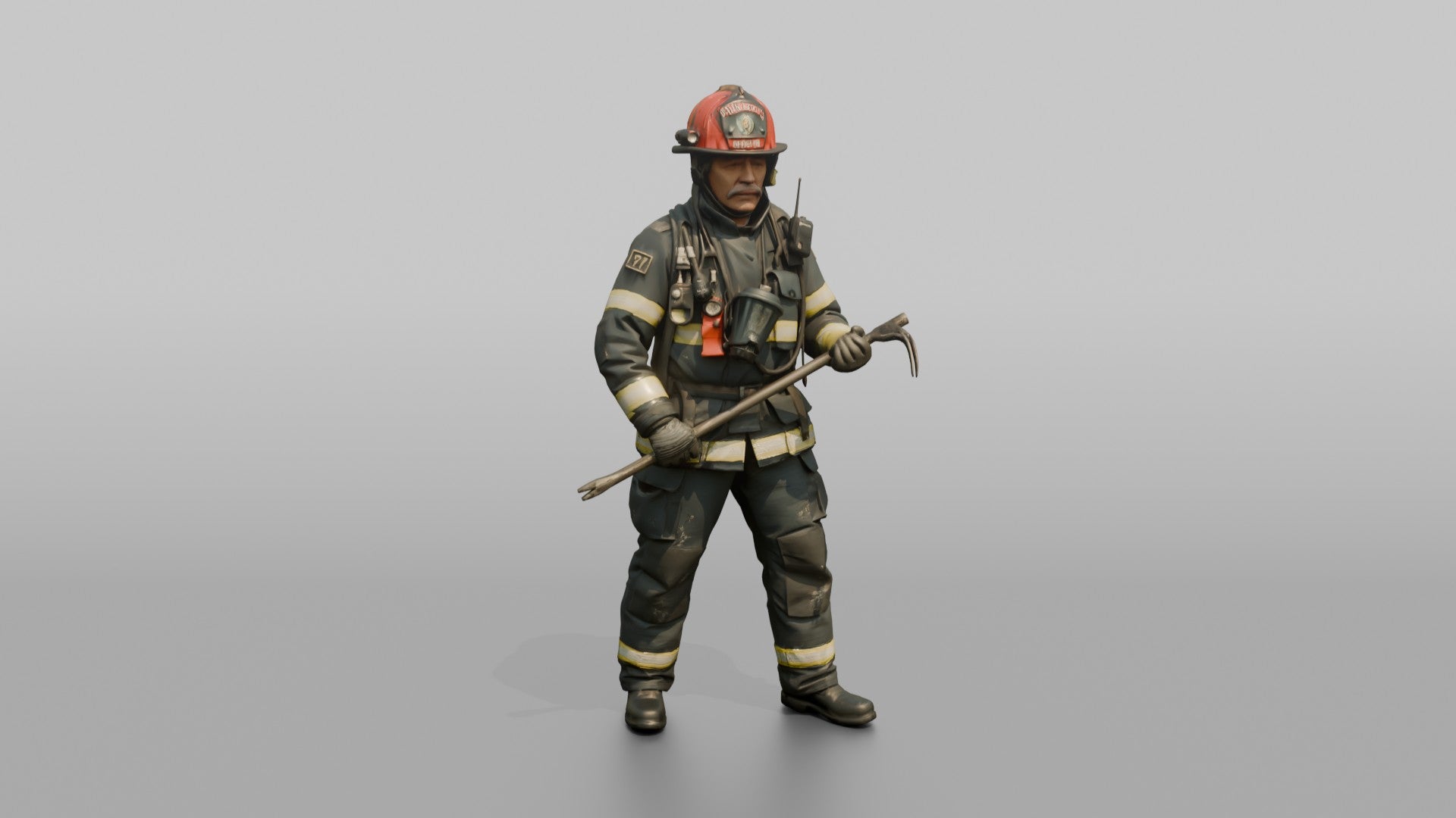 Firefighter Man Wielding a Halligan Entry Tool