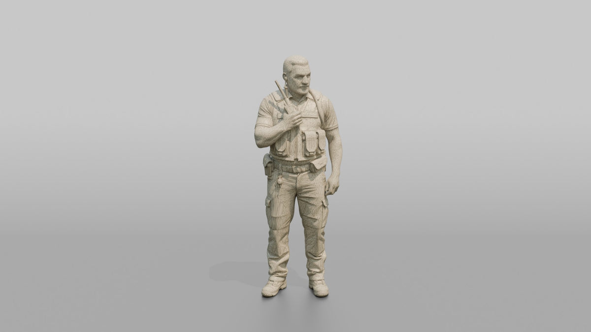 Door Staff Man Holding A Walkie-talkie Radio - wireframe topology preview