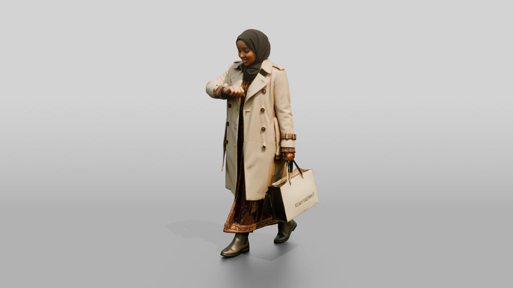 Woman in Hijab and Trench Coat Checking Her Watch