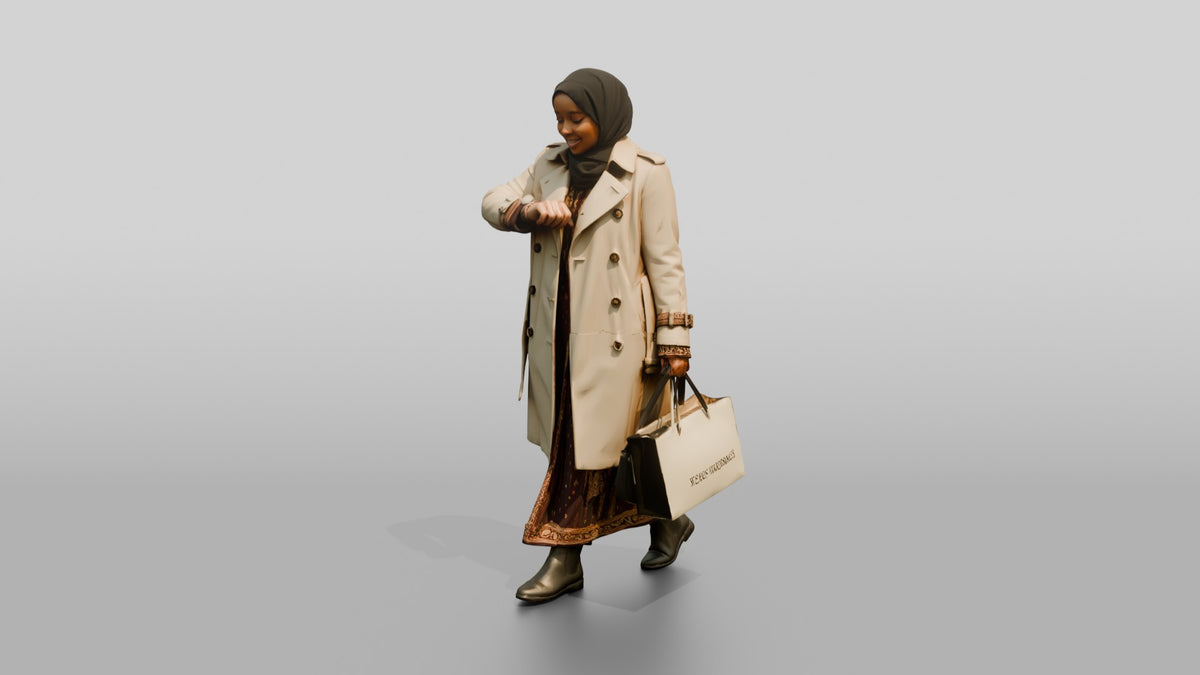 Woman in Hijab and Trench Coat Checking Her Watch - 3D character model, view 4