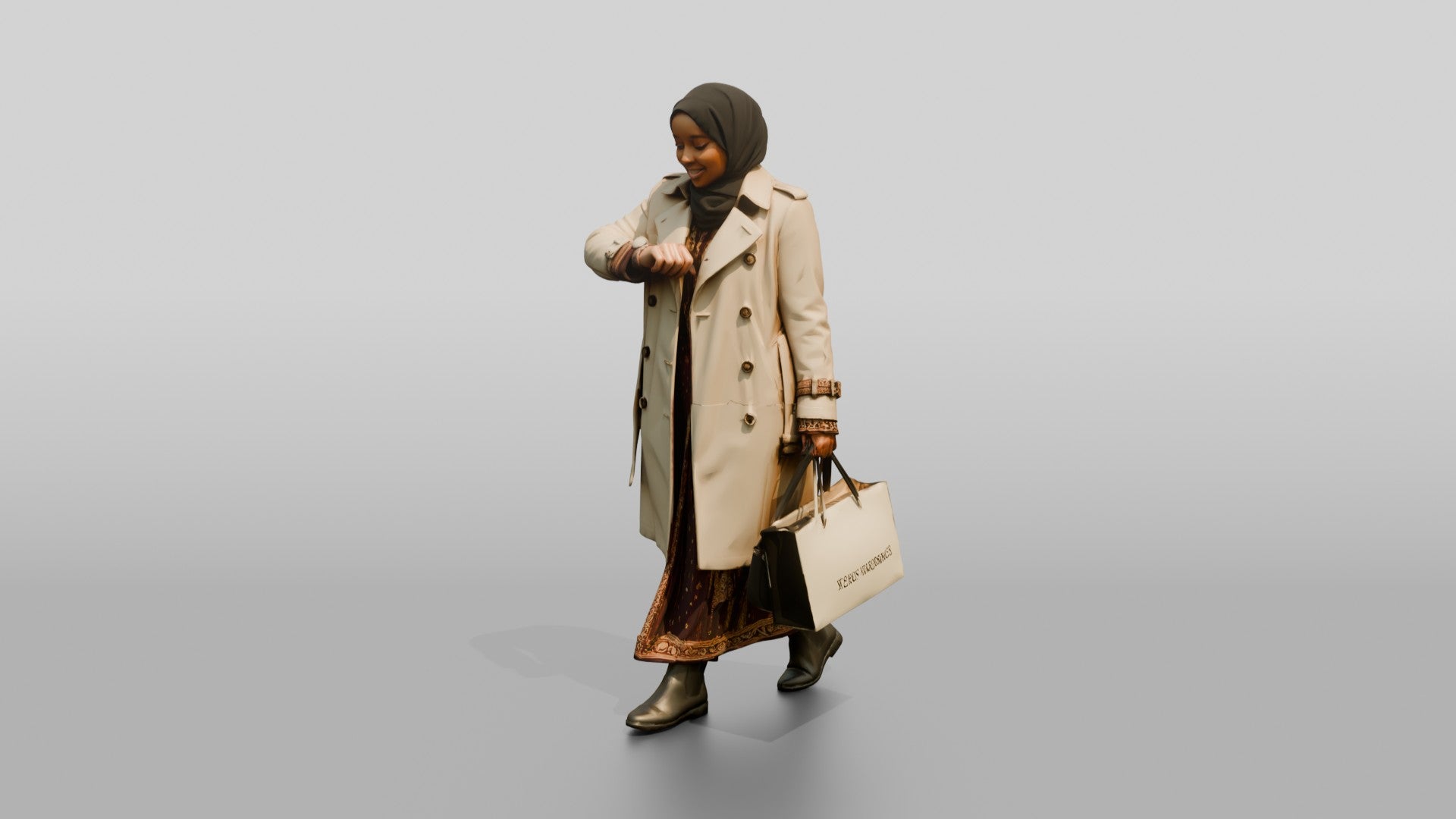 Woman in Hijab and Trench Coat Checking Her Watch
