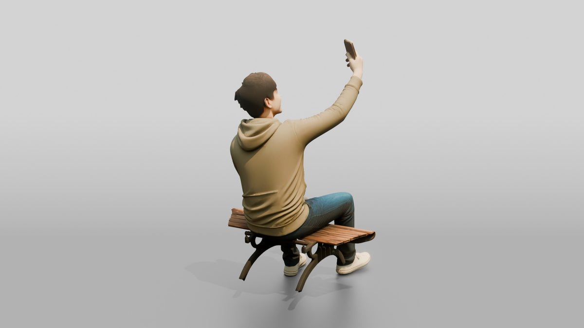 Young Chinese Man Taking a Selfie on a Bench - 3D character model, view 3