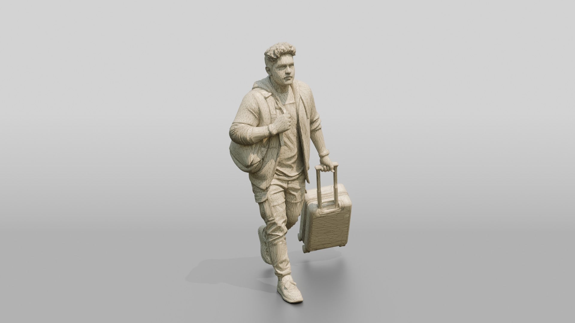 Plus-Size Man Running Through Airport Pulling Rolling Suitcase