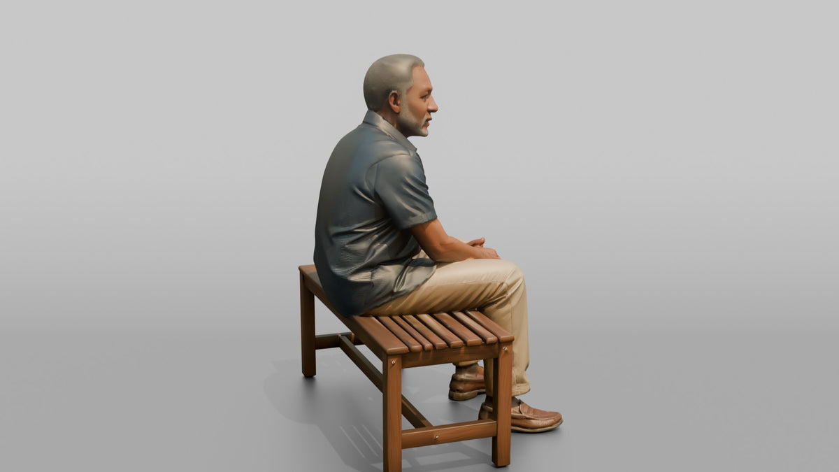 Man Customer Sitting On A Bench Resting - 3D character model, view 2