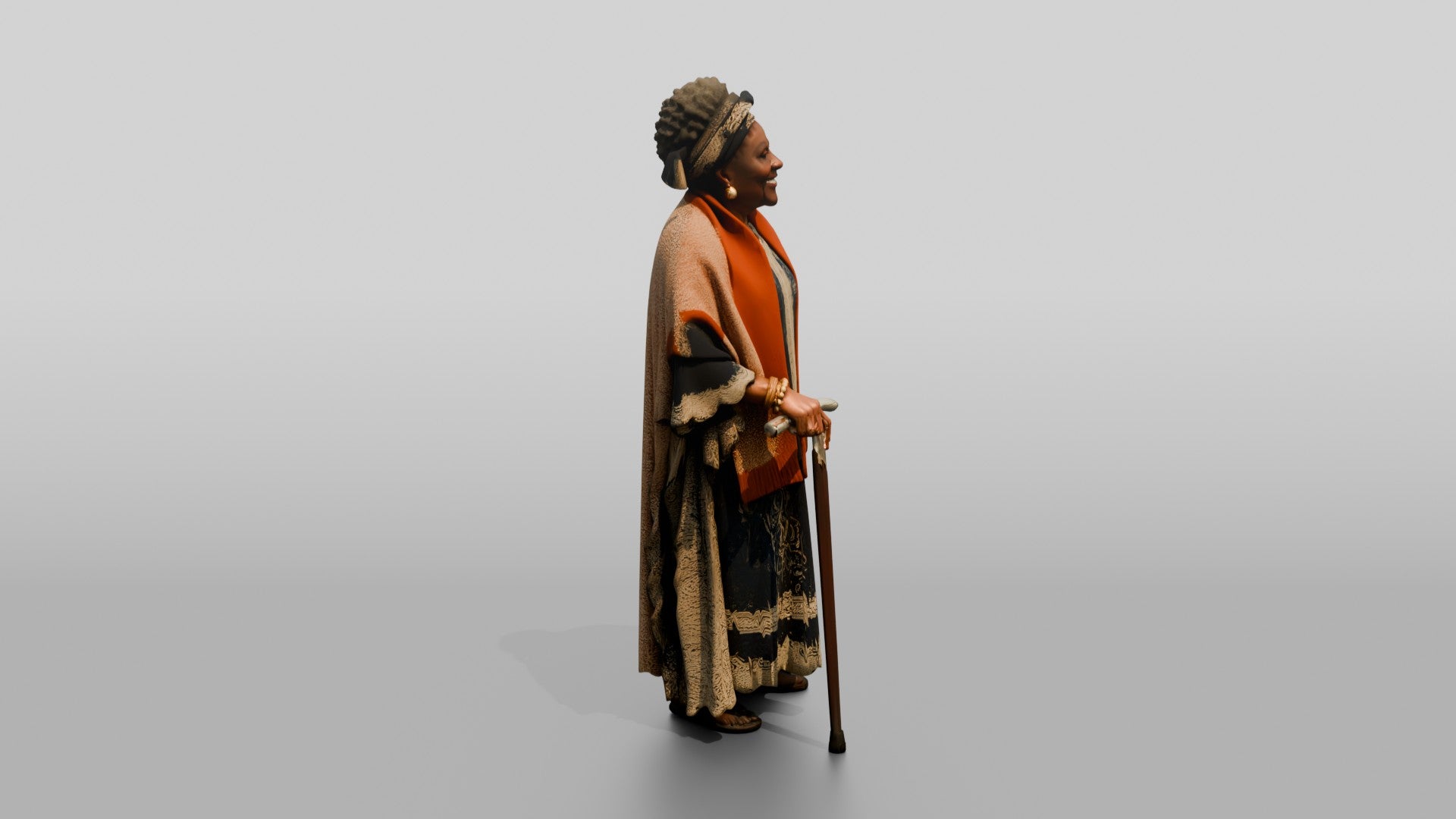 Elderly African Woman with a Walking Stick in a Lace Gown