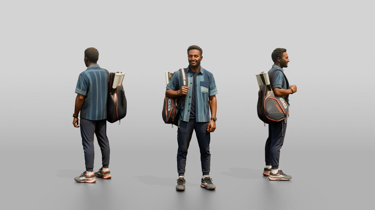Athletic African Man Carrying a Tennis Racket Bag - 3D character model