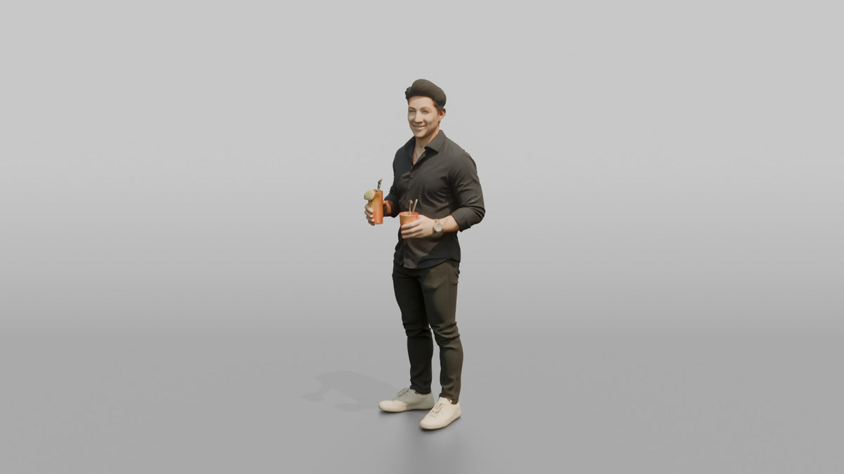 Patron Man Holding Two Drinks, One In Each Hand - 3D character model, view 4